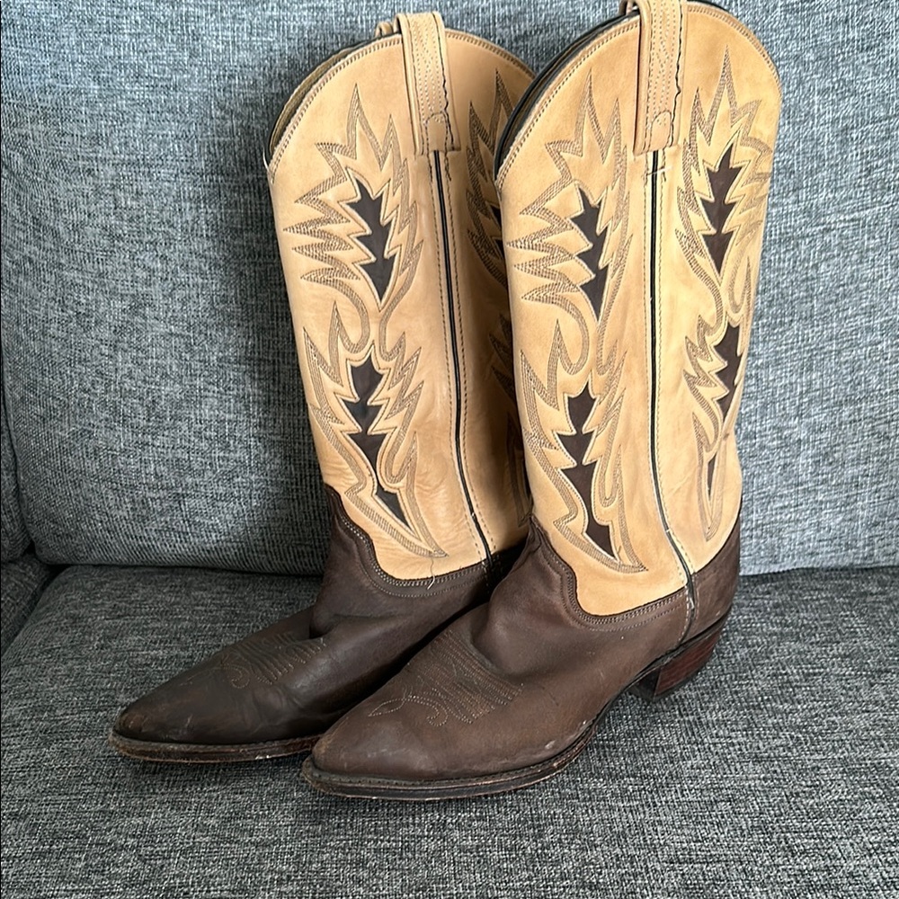 Dan Post Tan and Brown Western Cowboy Boots with Decorative Stitching